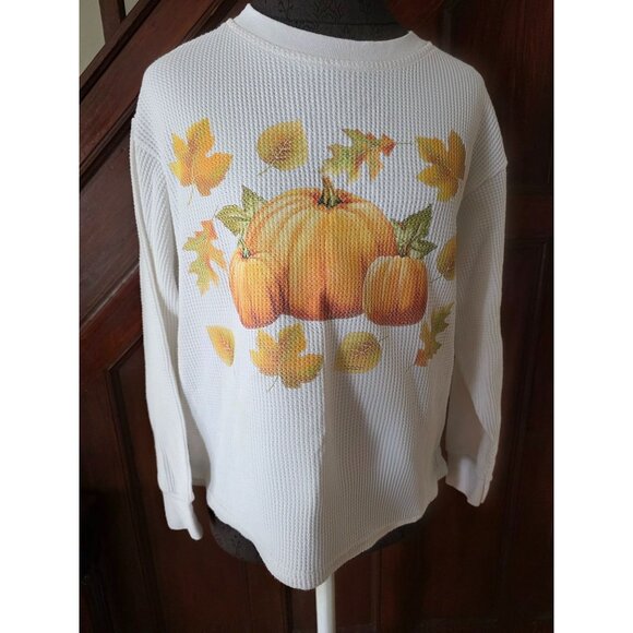 White Crewneck ThermalPumpkin & Leaves Print Medium Made In USA - Picture 1 of 8